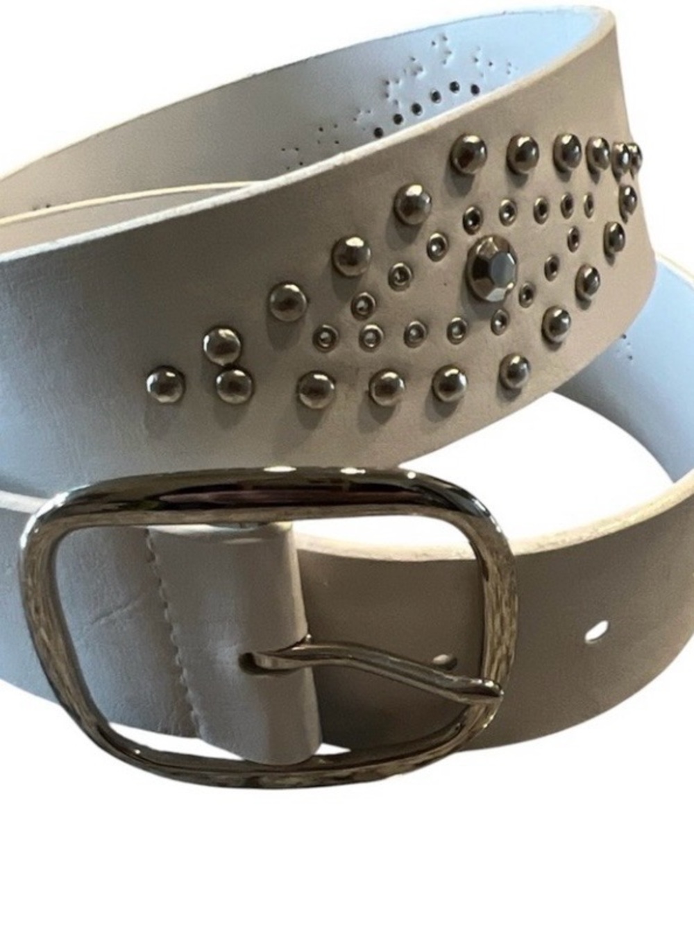 Women's White Studded Leather Belt with Silver Hardware